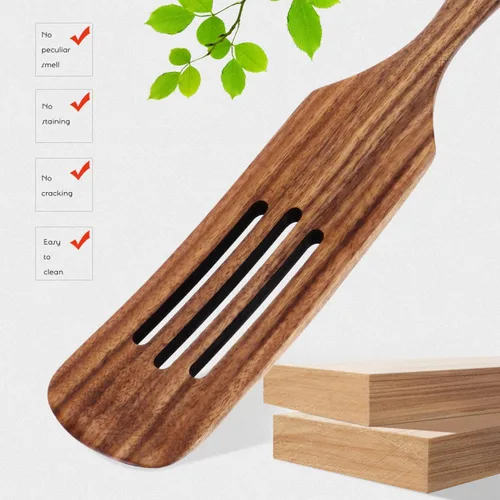 Vista 4 de Espátula de madera para cocinar, espátula ranurada de madera de acacia de 12.2 pulgadas con mango largo, espátula de cocina antiadherente para freír