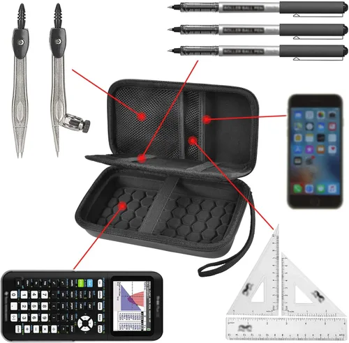 Vista 4 de PAIYULE - Funda para calculadora TI-84 83 Plus CE, EVO, TI-Nspire CX II, color negro Hard shell calculator case, zip mesh pocket, elastic strap