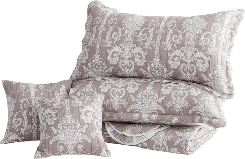 Vista 9 de Edredón extragrande para cama King, diseño de patrón damasco matelasse de jacquard, ligero, reversible, 5 piezas, 100% microfibra, pasta de frijol