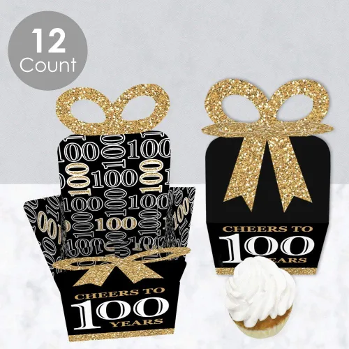 Vista 3 de Big Dot of Happiness Cajas de regalo para fiesta de cumpleaños número 100, elegante diseño cuadrado dorado con lazo 3D, suministros de fiesta