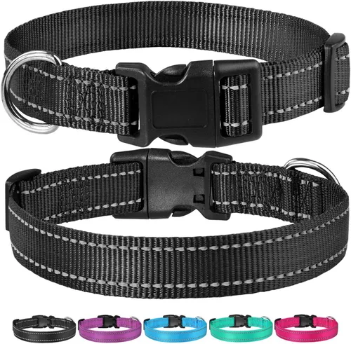 Vista 6 de Collar reflectante para perros con hebilla, collares de nailon ajustables de seguridad para perros pequeños, medianos y grandes, color negro XXS