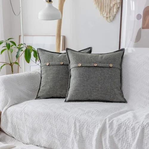 Vista 14 de Home Brilliant Juego de 2 fundas de almohada decorativas con botones, fundas de cojín de lino sintético texturizadas para cama, sofá, banco, 18 x 18