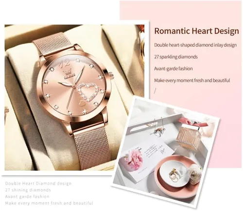 Vista 6 de OLEVS Relojes para mujer, correa de malla de oro rosa, vestido de moda, cuarzo japonés, impermeable, luminoso, para mujer, conjunto de pulseras