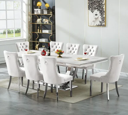 Vista 15 de Mesa de comedor blanca de 68 pulgadas para 4-6, mesa de cocina rectangular moderna con mesa de mármol sintético y base de acero inoxidable plateado