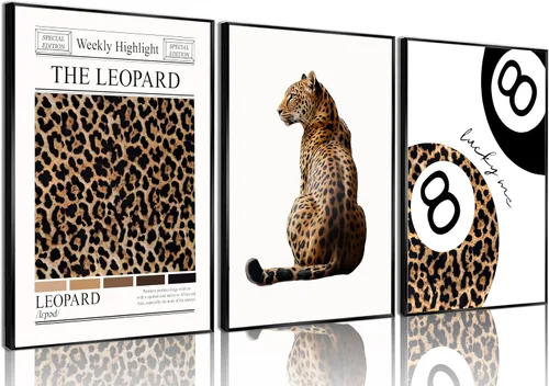 Vista 11 de Conjunto de 3 modernos pósteres de pared de leopardo en lona con bola de la suerte número 8, arte de pared elegante, decoraciones de pared