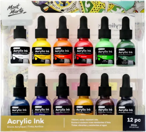 Vista 9 de Mont Marte Tinta acrílica premium de 6 piezas x 20 ml (0,7 fl.oz. EE.UU.), tintas acrílicas para artistas, colores esenciales, ideal para aerógrafo