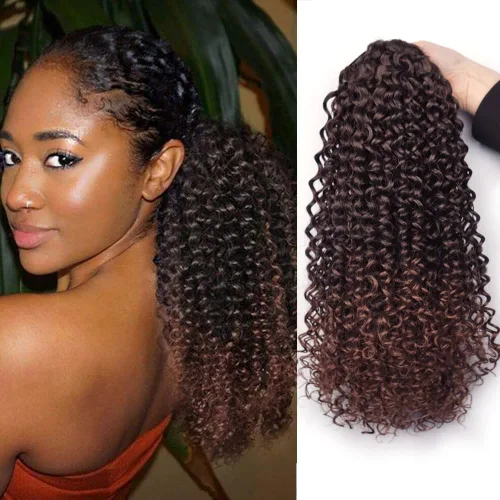 Vista 9 de Cola de caballo con cordón para mujeres negras, rizado de 16 pulgadas, extensiones de cola de caballo negro natural (1b)