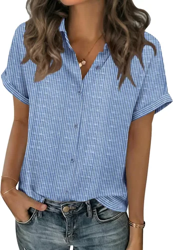 Vista 24 de Zeagoo Blusas de verano de manga corta para mujer, camisas casuales con botones, blusas de trabajo de negocios sólidas/a rayas