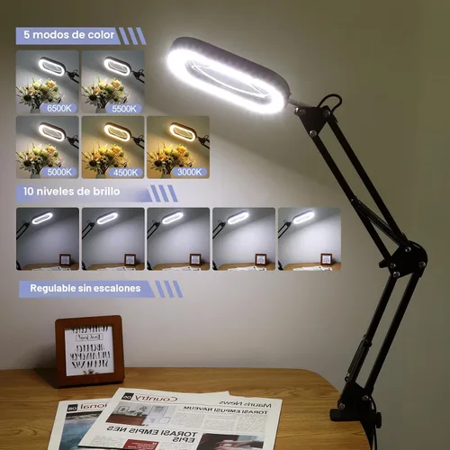 Vista 2 de Drdefi Lupa cuadrada de 10X con luz y soporte, lupa de cristal real iluminada con LED, 5 modos de color regulable continuo, lámpara de escritorio