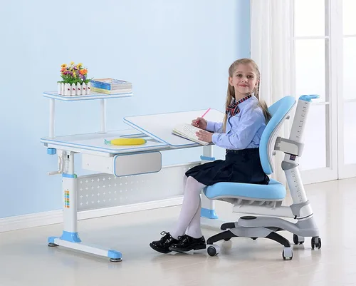 Vista 3 de ApexDesk Little Soleil DX 43 pulgadas de ancho, escritorio de estudio para niños con altura ajustable, con estante y cajón integrado