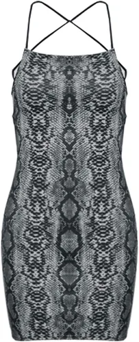 Vista 4 de xxxiticat Vestido corto sin mangas con estampado de piel de serpiente para mujer, con tirantes delgados, espalda halter, cruzado, piel de animal