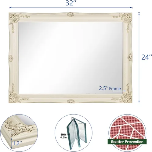 Vista 3 de HA - Espejo de pared con marco para colgar vertical u horizontalmente, para sala de estar, dormitorio (32 x 24 pulgadas, blanco marfil)