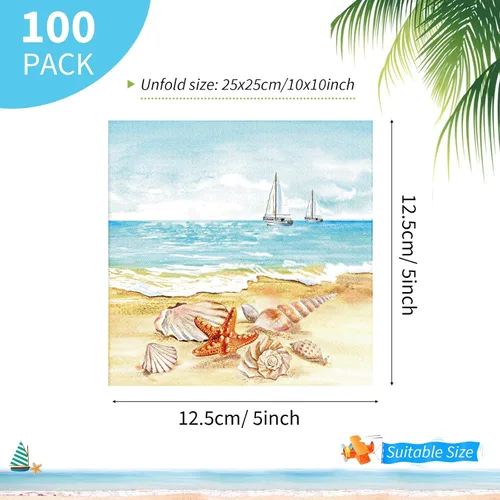 Vista 2 de 100 servilletas náuticas para invitados de playa de verano, 3 capas, desechables, de papel, toallas de invitados de playa, servilletas de cena