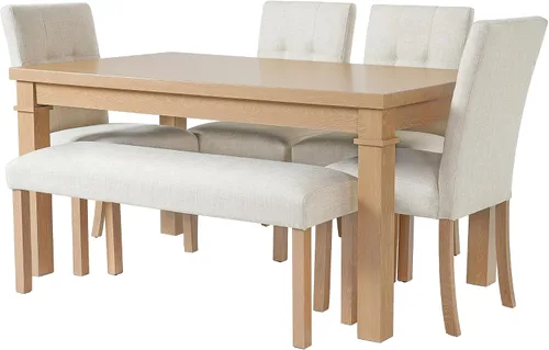 Vista 8 de P PURLOVE Juego de mesa de comedor de 6 piezas, mesa de cocina rectangular de madera con 4 sillas tapizadas, 1 banco para comedor y sala de estar