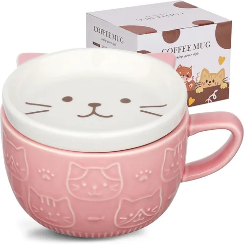 Vista 10 de Linda Taza de Cerámica para Gatos con Tapa, Tazas de Café Kawaii o Tazas de Té para Amantes de los Gatos, Tazas Divertidas de Novedad