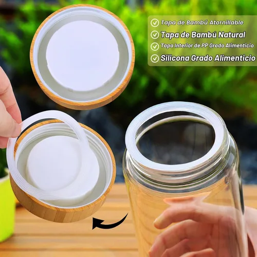 Vista 3 de Botes de vidrio con tapas herméticas de bambú - Juego de 3 envases de 80oz para cereales, frascos para galletas, almacenamiento de pasta - Tarros