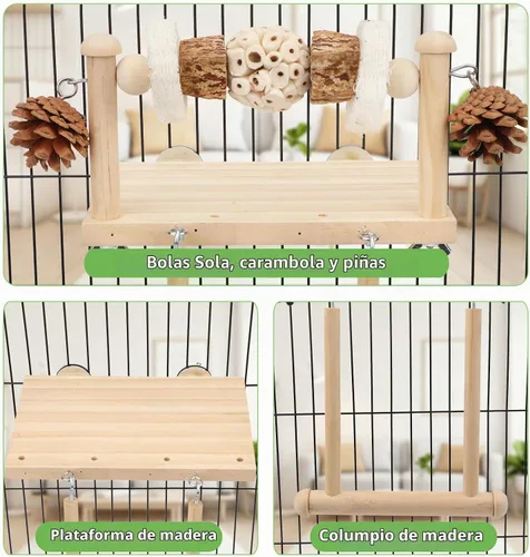 Vista 3 de Litewoo Plataforma de perca de madera para pájaros con juguetes masticables Madera natural, 1 sola bola, para loro/periquito/conure/jaula Sola bola