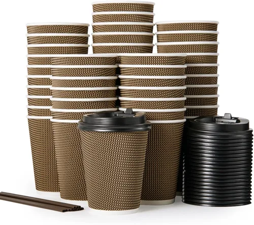 Vista 9 de LITOPAK Paquete de 80 tazas de café de papel de 10 onzas, tazas de café caliente con pared ondulada aislada con tapa y pajitas, tazas de tres capas