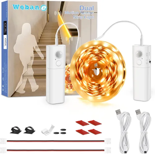 Vista 8 de WOBANE Tira de luz recargable con sensor de movimiento, luces LED para armario, escalera, despensa, armario, cama, casillero, 2700 K, blanco cálido