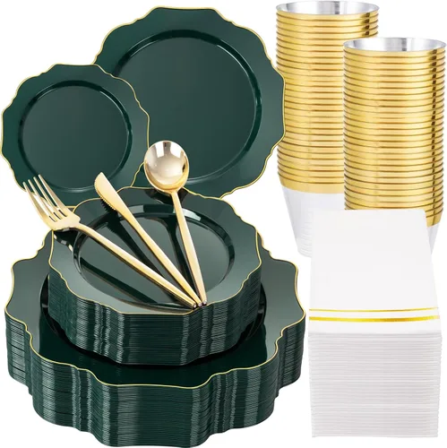 Vista 16 de WDF 175 piezas de platos de Navidad de plástico desechables - 25 platos verdes, 25 platos rojos con campanas doradas, 75 cubiertos de plástico