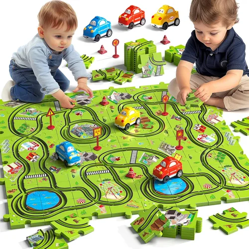 Vista 10 de JUKUDAHU Juego de 64 Piezas de Pista de Carreras de Rompecabezas para Niños de 3 4 5 6 Años - Juguetes de Pistas de Rompecabezas para Niños de 3-5