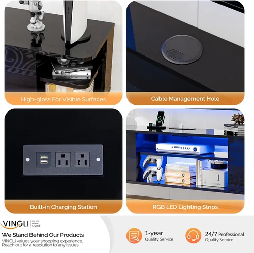 Vista 3 de VINGLI Soporte de TV flotante negro de 63 pulgadas con luces LED RGB, centro de entretenimiento montado en la pared, armario de almacenamiento