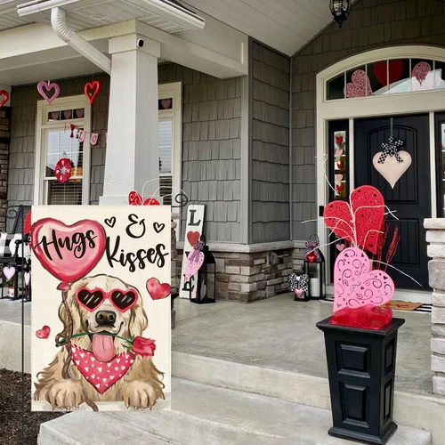 Vista 3 de AVOIN colorlife Bandera de jardín de perro para el día de San Valentín, 12 x 18 pulgadas, Golden Retriever Hugs Kisses de doble cara, aniversario