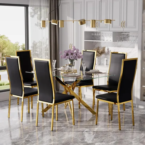 Vista 26 de Juego de mesa de comedor de cristal dorado moderno de 63 pulgadas para 6, juego de mesa de cocina rectangular de 7 piezas con patas de acero Negro