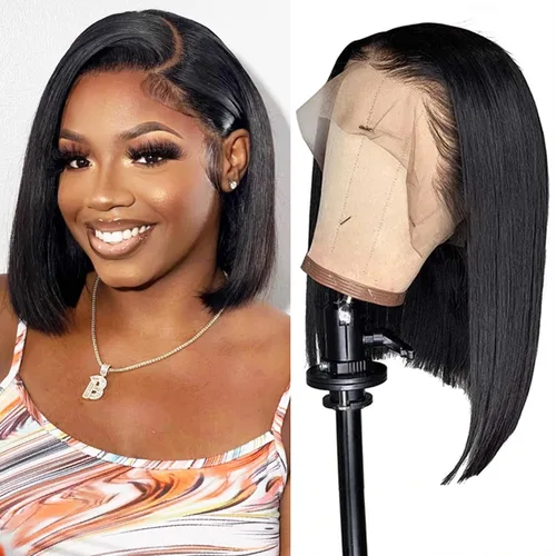 Vista 21 de Peluca de cabello humano lacio marrón con reflejos de 13 x 4, peluca frontal de encaje transparente #4, peluca corta Bob para mujeres negras