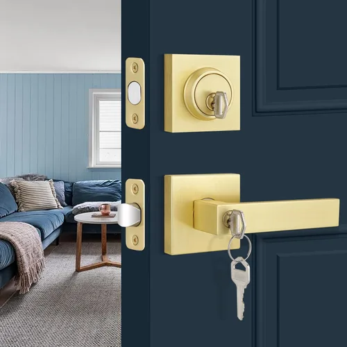 Vista 33 de EHOMEWARE - Juego de manijas de puerta delantera doble de latón, manija de puerta de latón cuadrado resistente en oro y cerradura de un solo