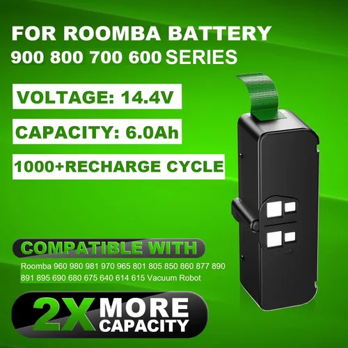 Vista 2 de Batería de 14.4V 6000mAh para Roomba compatible con iRobot Roomba 960 980 981 970 965 801 805 850 860 877 890 891 895 690 680 675 640 614 666 38 ES