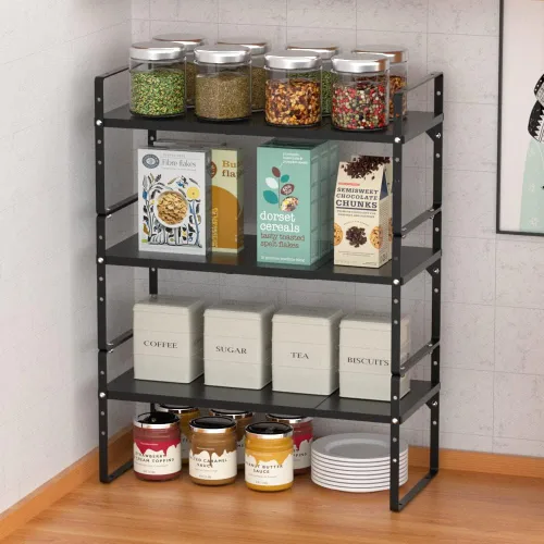Vista 5 de Slideep Organizador de armario expandible, organizador de armario de cocina grande, organizador de estantes apilables grandes, organizador de Negro
