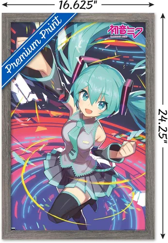 Vista 3 de Hatsune Miku - Póster de pared con puño, 22.4 pulgadas de largo x 14.7 pulgadas de ancho, versión enmarcada de madera de granero