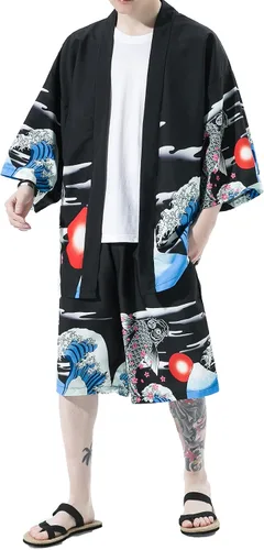 Vista 7 de PRIJOUHE Conjunto de kimono de estilo japonés para hombre, ligero, casual, con siete mangas, frente abierto, cárdigan y pantalones cortos