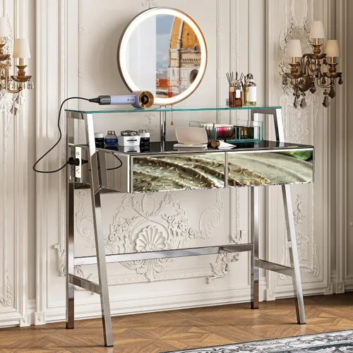 Vista 11 de Moderna mesa de consola plateada con espejo con 2 cajones de almacenamiento, escritorio rectangular de tocador, mesa de tocador de maquillaje