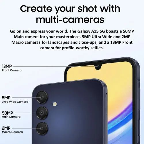 Vista 4 de Samsung Teléfono celular Galaxy A15 5G Serie A, teléfono inteligente Android desbloqueado de 128 GB, versión estadounidense, 2024, azul negro