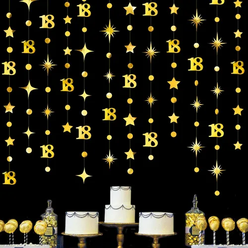 Vista 14 de Decoración de cumpleaños número 18 en negro, número 18 con punto circular, guirnalda de estrellas centelleantes, banderines de serpentina metálica