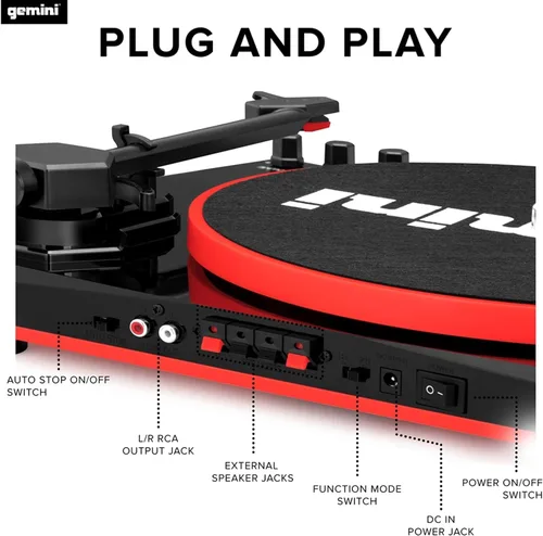 Vista 6 de Gemini Sound TT-900 - Elegante tocadiscos de 3 velocidades con Bluetooth inalámbrico, control de tono y potentes altavoces de 50 W (rojo)