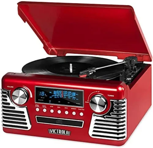 Vista 7 de Victrola Haley - Tocadiscos retro con Bluetooth y centro multimedia con altavoces integrados - Tocadiscos de 3 velocidades, reproductor de CD, radio