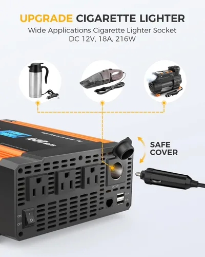 Vista 5 de Ampeak Inversor de potencia de 1500 W, 6.2 A, puertos USB duales, 3 salidas AC, inversor de corriente continua de 12 V a CA 110 V, puerto