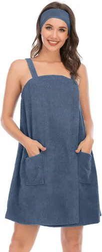 Vista 56 de Veseacky Toalla de baño para mujer con bolsillo, bata de spa ajustable y diadema facial