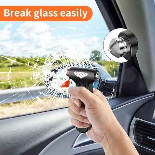 Vista 5 de Martillo de seguridad para automóvil, 2 piezas, herramienta de escape de emergencia 3 en 1 negra con rompedor de ventana y cortador de cinturón