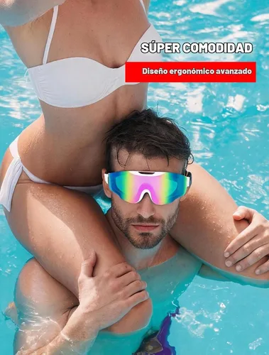 Vista 3 de Gafas de natación profesionales con revestimiento de espejo arcoíris, antiniebla, protección UV, correa ajustable, color blanco, negro Blanco Rosa