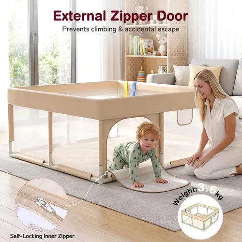 Vista 3 de Kidirect Corralito para bebés 47x47, beige, patio de juegos integrado con Beige-47" X 47