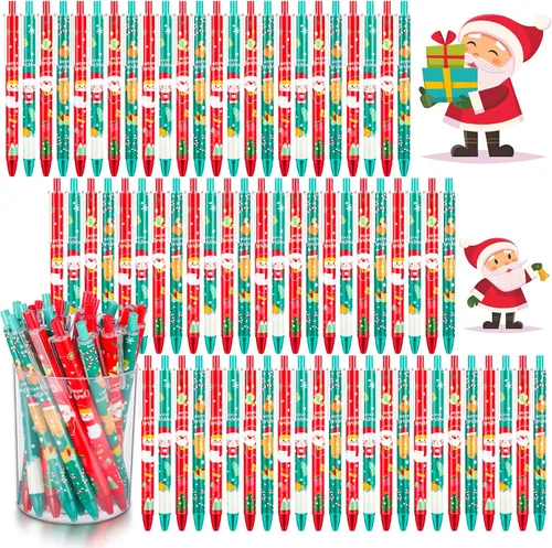 Vista 11 de Leinuosen 48 piezas de bolígrafos de Navidad a granel lindos bolígrafos retráctiles de tinta de gel de color rojo y verde, diseño de renos y árbol