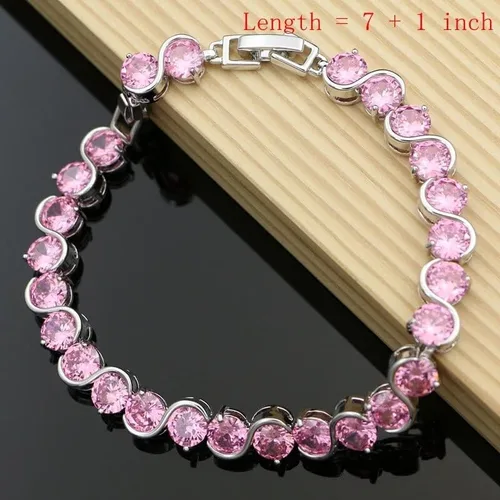 Vista 5 de Juego de joyas elegantes de plata de ley 925 para mujer, aretes de piedra cúbica rosa grande, accesorios de moda, kit de collar