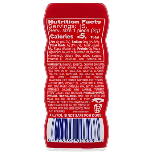 Vista 2 de MENTOS Goma de mascar sin azúcar, lima de fruta roja tropical, no se derrite, botella de 15 piezas