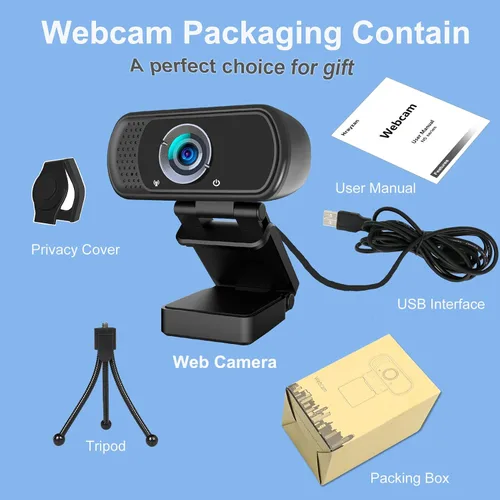 Vista 5 de Cámara web de 1080p con micrófono, cámara web USB con ángulo de visión de 110 grados, cámara de computadora, trípode de cámara web/cubierta
