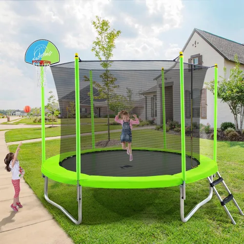 Vista 2 de Merax Trampolín para exteriores de 10 pies con aro de baloncesto, recinto de seguridad y escalera, trampolín recreativo al aire libre para niños