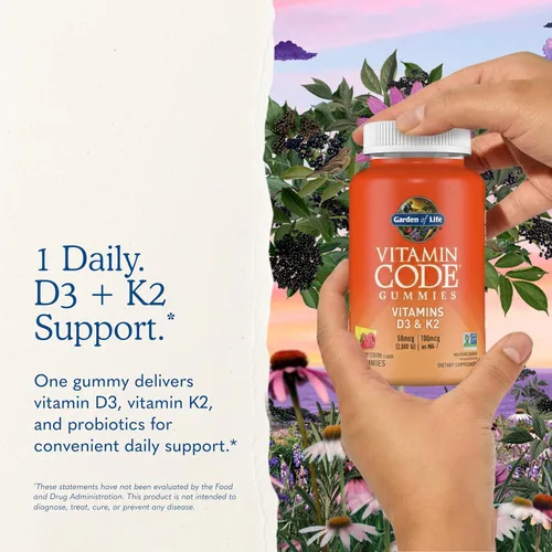 Vista 7 de Gomitas Garden of Life Vitamin Code D3 y K2 con prebióticos y probióticos, salud ósea, salud inmunológica y apoyo digestivo, cero azúcar, sin OMG